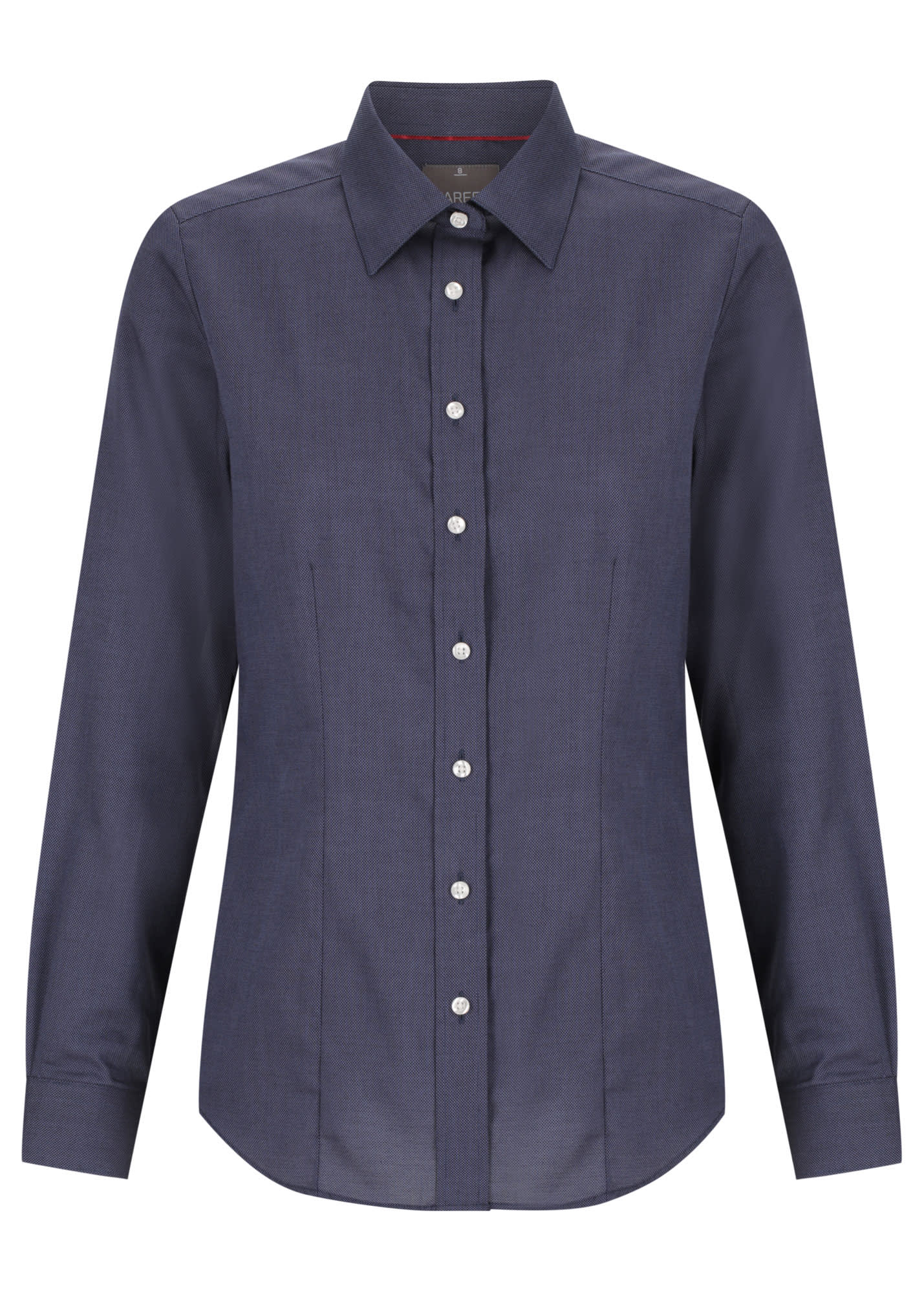 A women's long sleeve button-up shirt in navy blue with a collar and button-down front, featuring a logo.