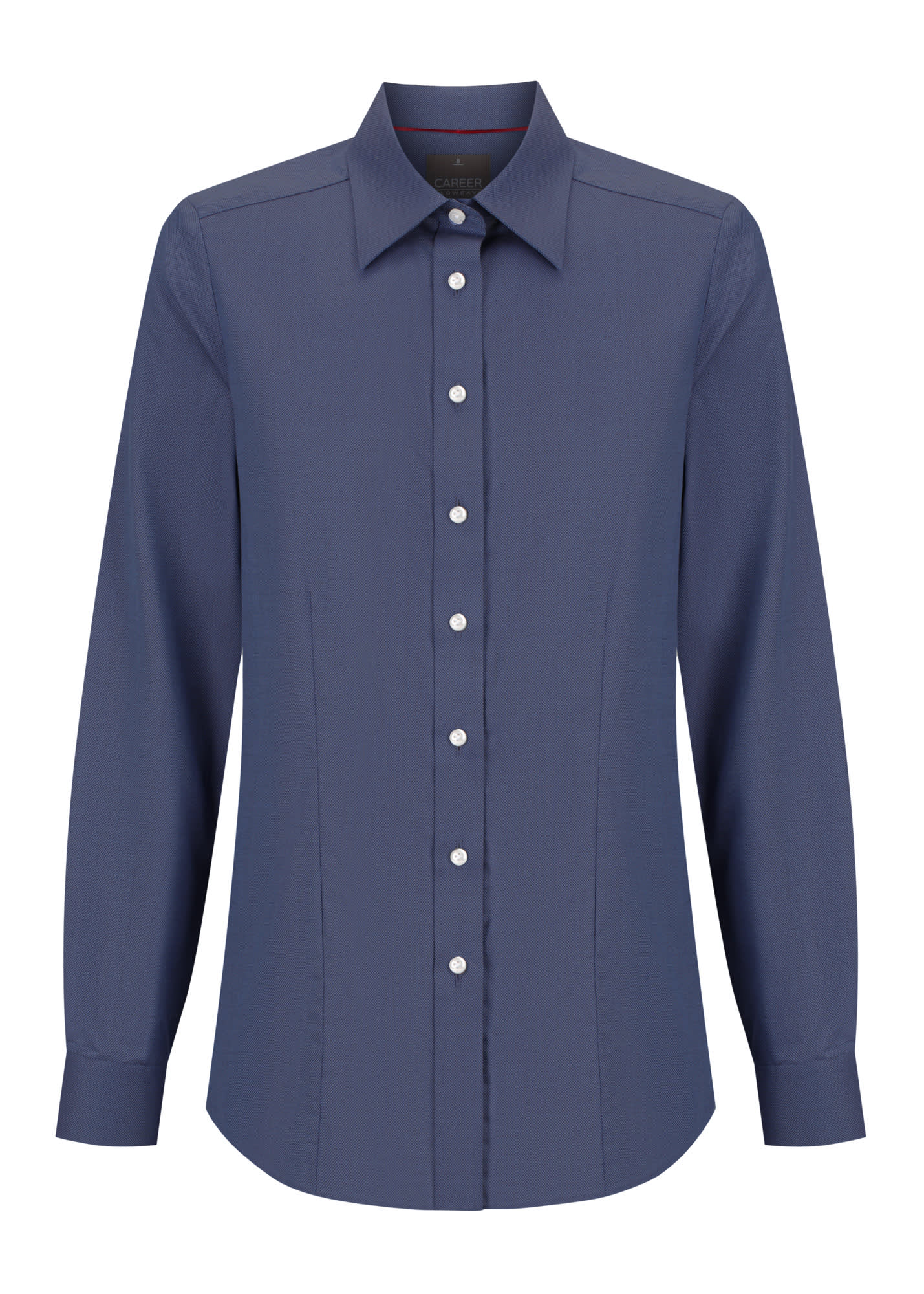 A navy button-up shirt for women with a classic collar and long sleeves, featuring a logo on the upper left.