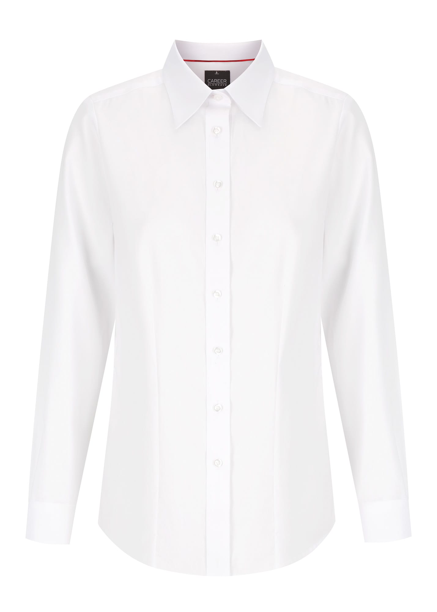 A white button-up shirt with a collar and long sleeves, featuring a logo on the label.