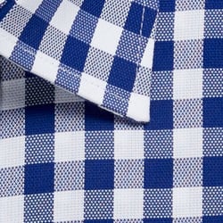A blue and white checkered button-up shirt featuring a folded collar and sleeve. It has a branding logo.