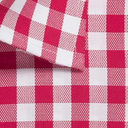 A button-up shirt featuring a red and white checkered pattern with visible collar detail.