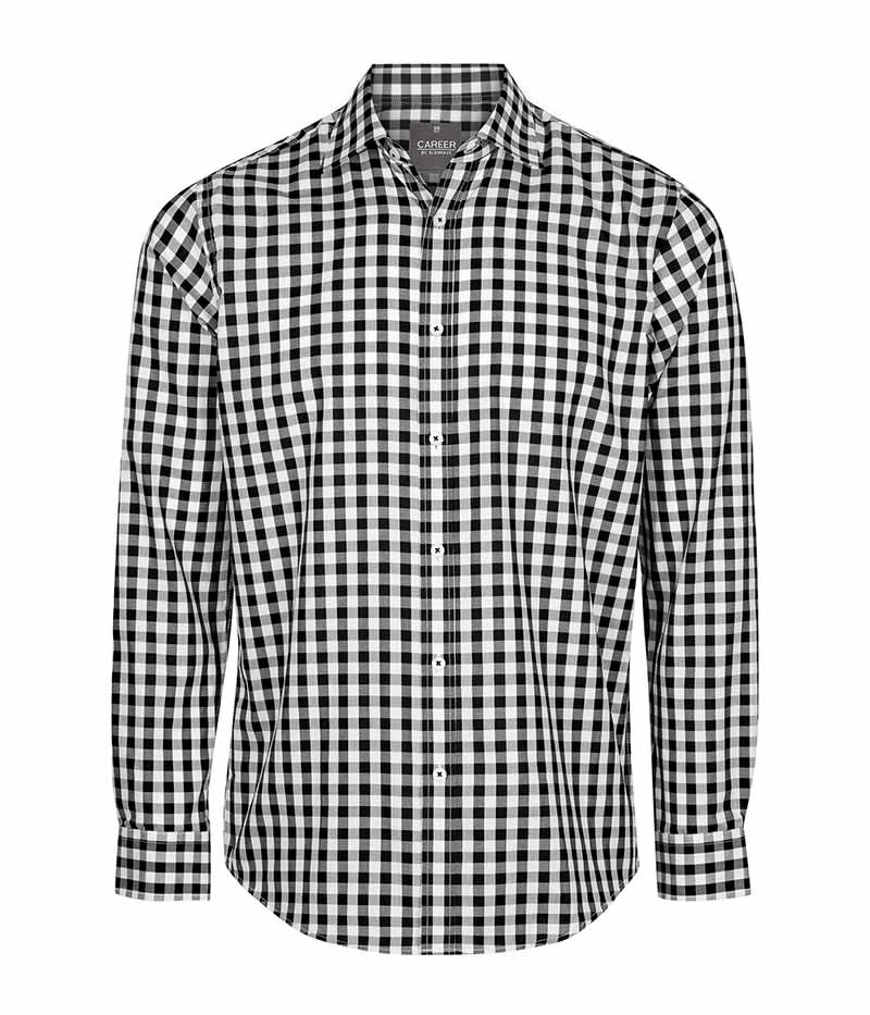 A button-up shirt featuring a black and white check pattern with long sleeves and a collar. It has a logo on the label.