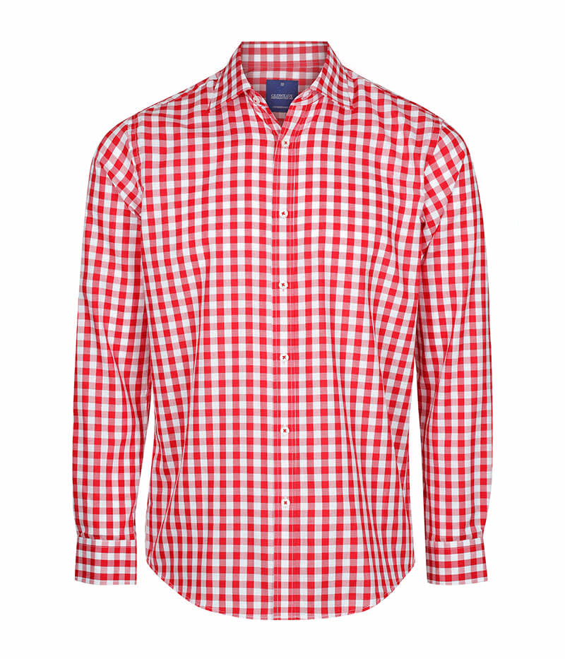 A button-up shirt featuring a red and white checkered pattern with long sleeves and a classic collar.