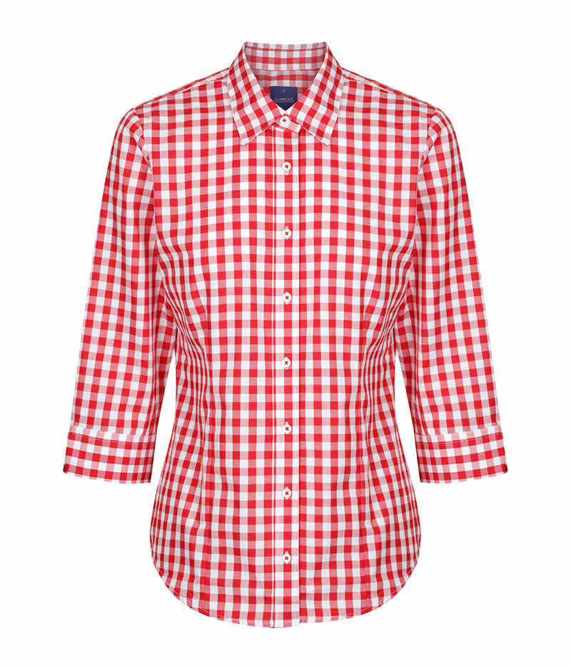 A red and white checkered button-up shirt with three-quarter sleeves and a collar. It has a logo on the chest.