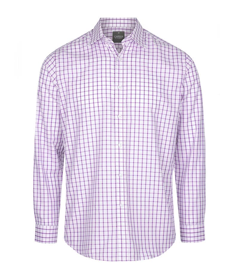 A button-up shirt featuring a purple and white check pattern, with a collar and long sleeves. It has a logo.