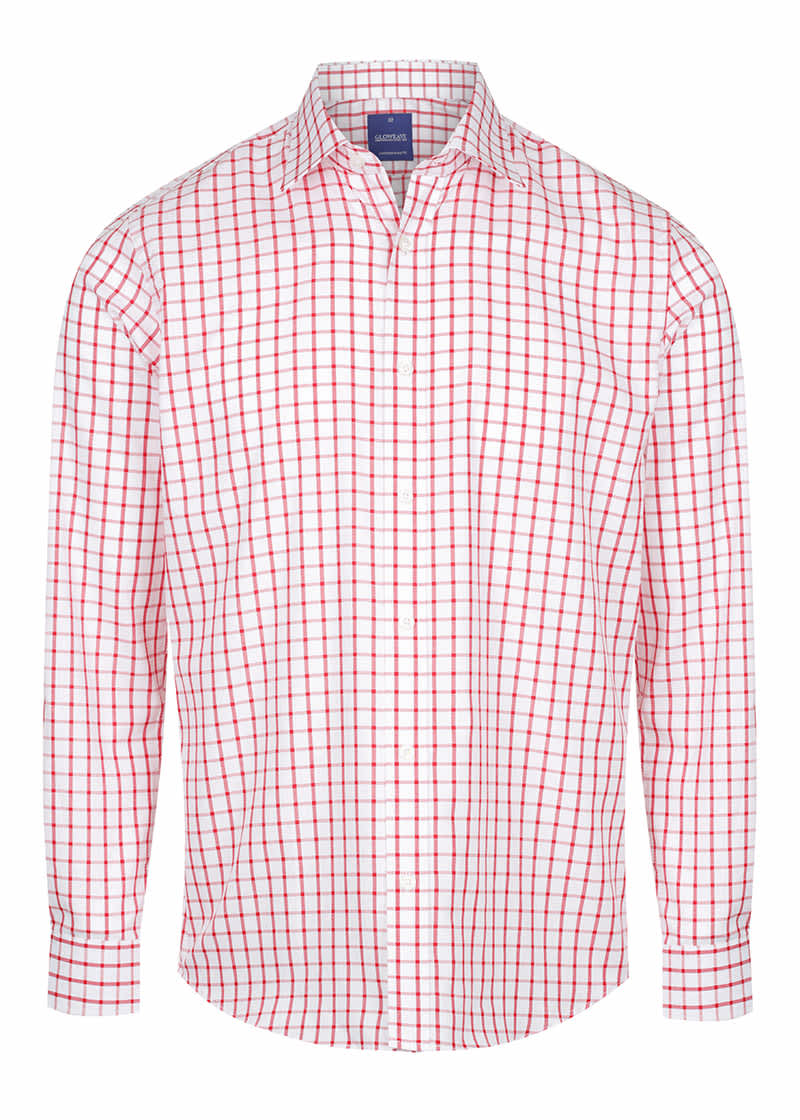 A button-up shirt featuring a red and white checkered pattern, with long sleeves and a collared neck.