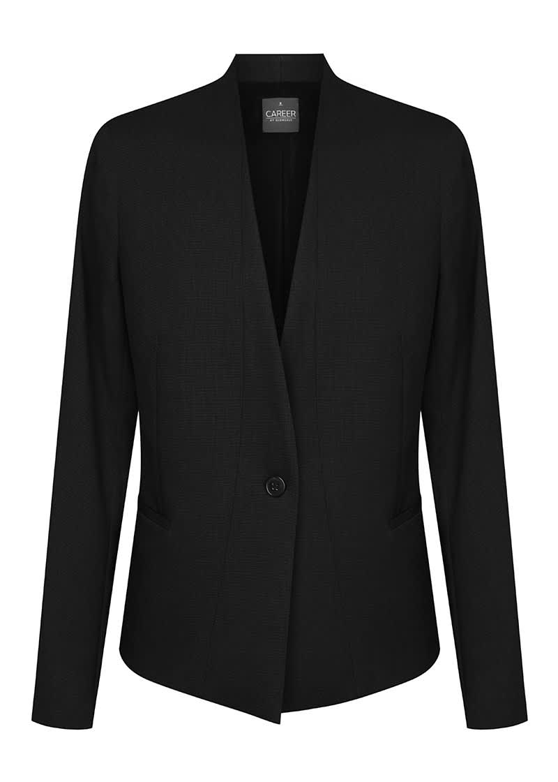 A black cardigan jacket with a single button closure and long sleeves, featuring a branded label.
