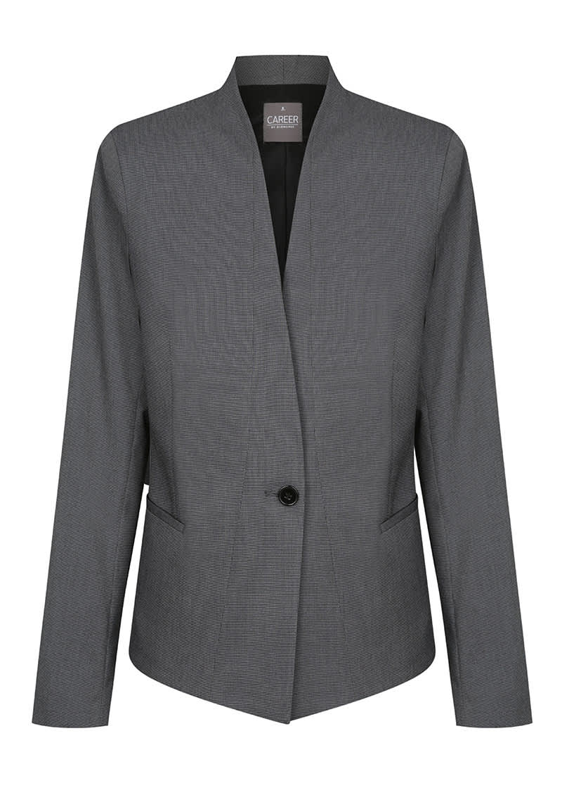A grey cardigan jacket featuring a single button closure and two front pockets, with a subtle textured pattern.