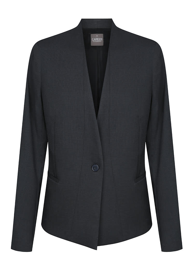 A dark green cardigan jacket with a single button closure and a structured design. It features a logo on the inside.