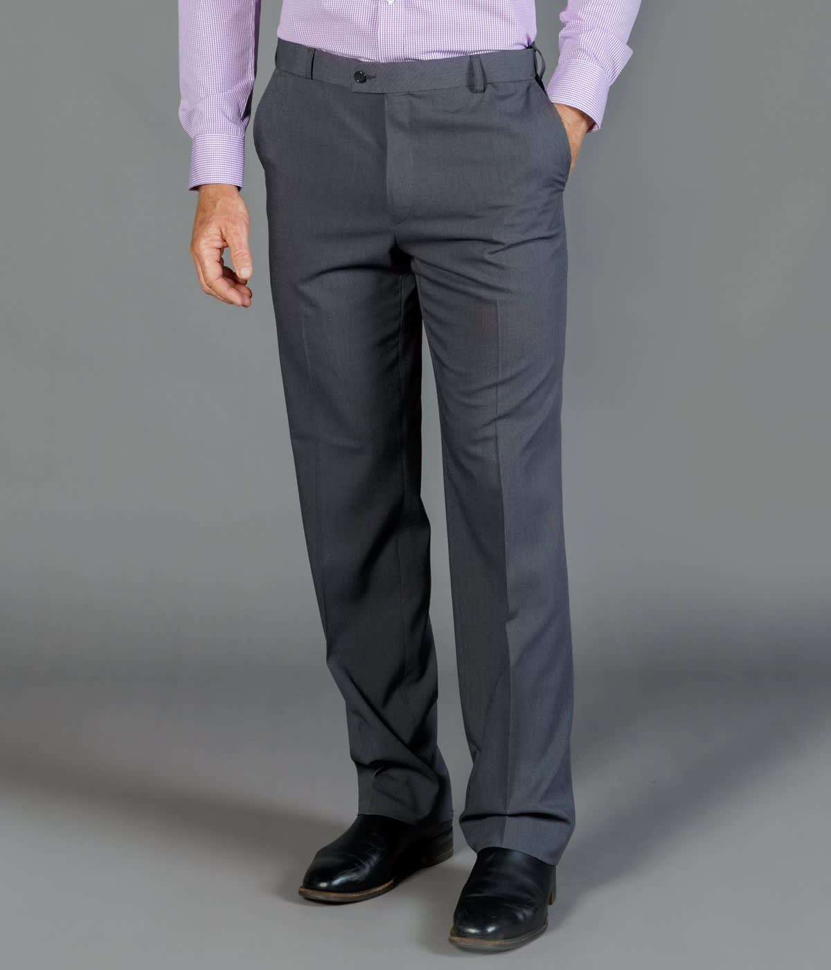 A pair of grey slacks with a straight leg design, featuring side pockets and a front crease.