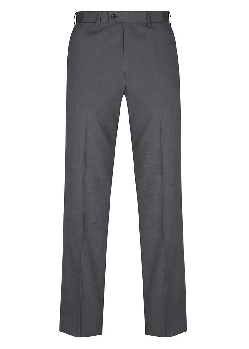 A pair of grey slacks with a straight fit and subtle texture, featuring a waistband and no visible branding.