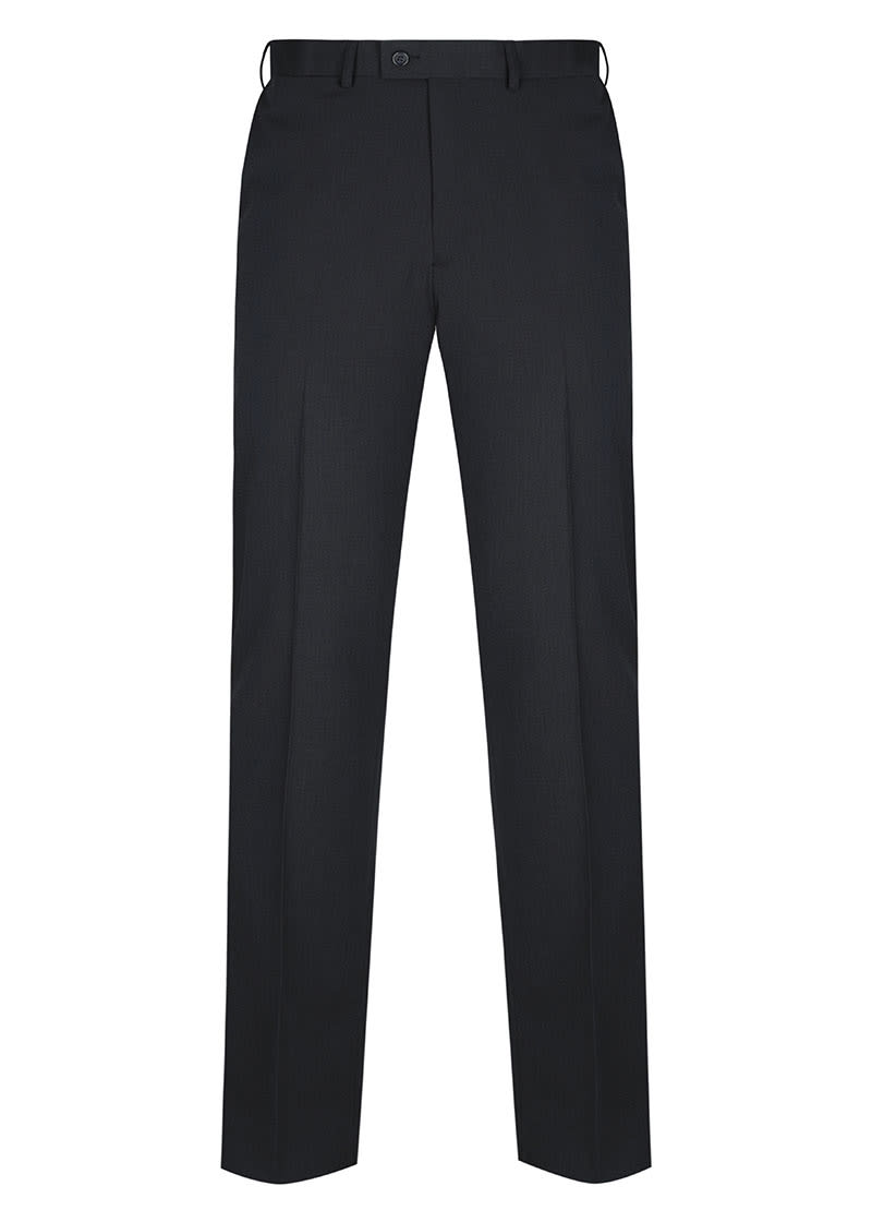 Black slacks with a tailored fit, featuring a waistband and a subtle pinstripe pattern. Includes a logo detail.