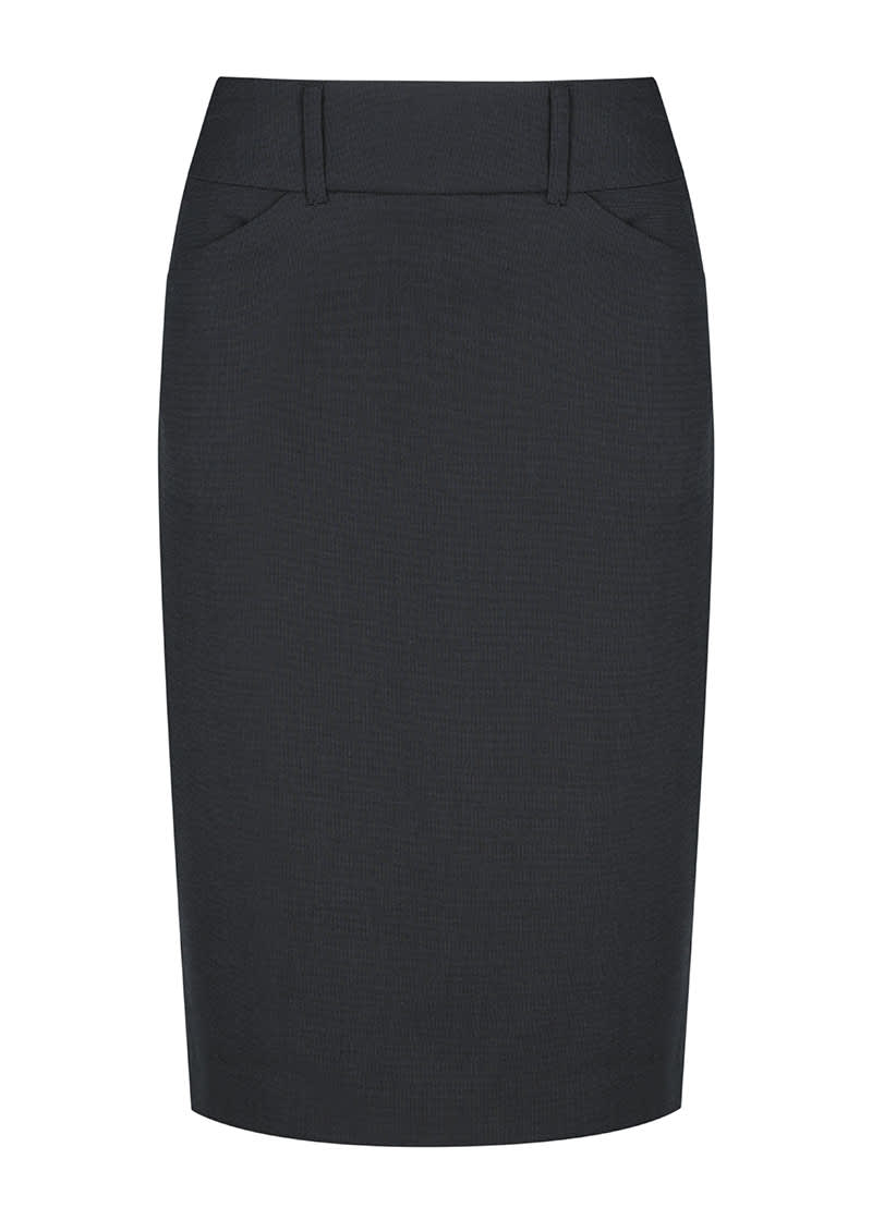 A dark grey pencil skirt with a fitted design and subtle texture details. It features front pockets and a waistband.