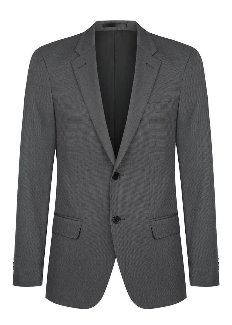 A grey jacket featuring a notch lapel, two front pockets, and a single chest pocket. It has a branded label inside.