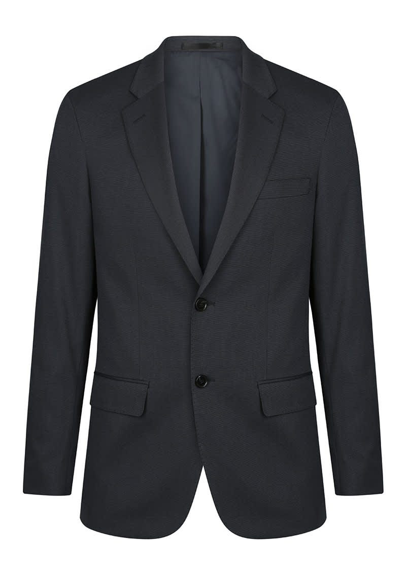 A dark grey jacket with a structured silhouette, featuring a notched lapel and two front pockets.