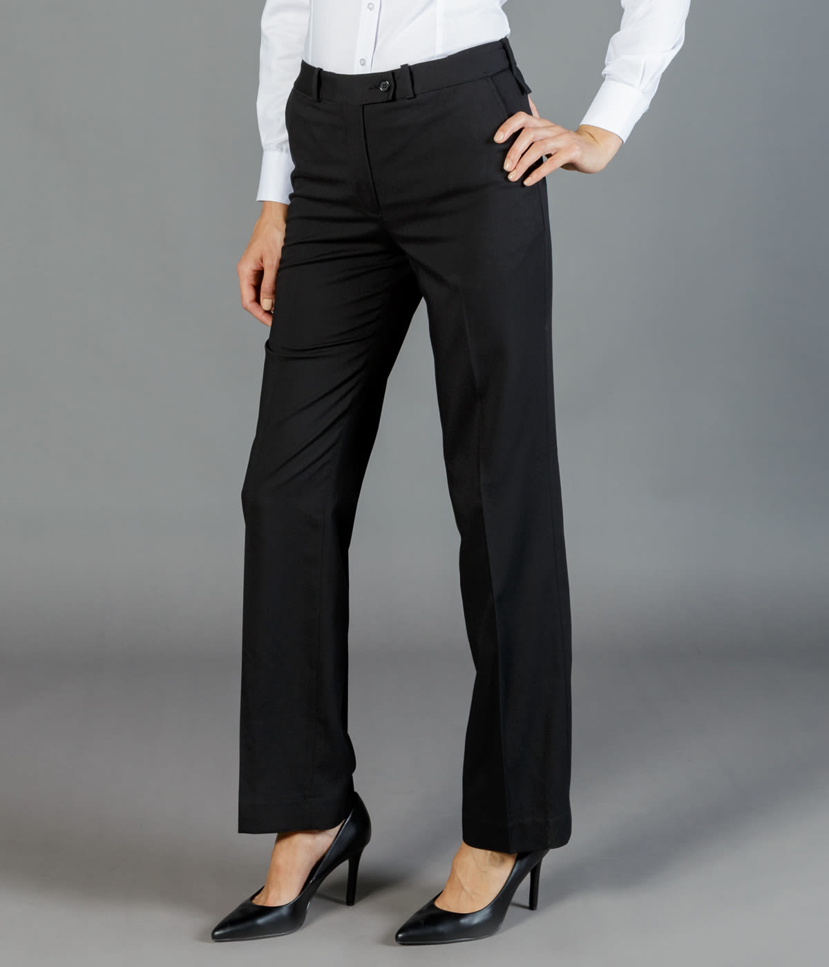 Black utility pants displayed on a model, paired with high heels, showcasing a tailored fit and versatile style.