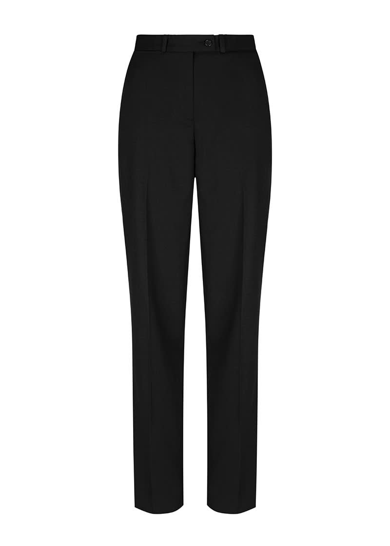 Black tailored trousers with a belt loop detail and a sleek, straight-leg design. Features a branding logo.