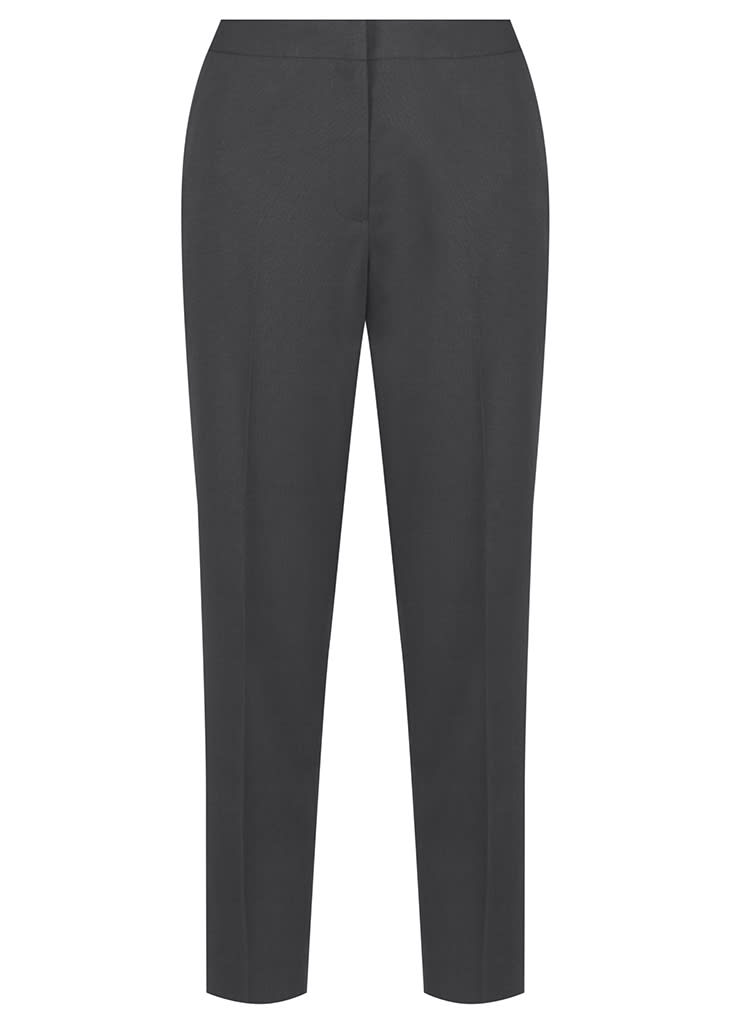 A pair of dark grey 7/8 length pants featuring a fitted design and a subtle texture, with a logo present.