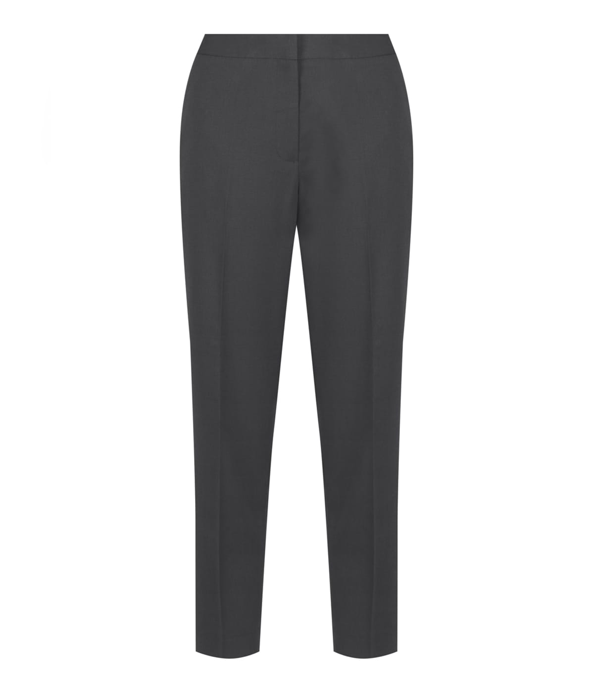 A pair of dark grey 7/8 length pants with a sleek design and tailored fit. Features a logo on the waistband.