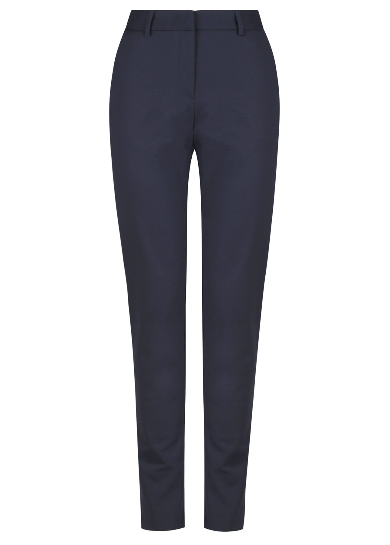A pair of navy blue full-length pants with a sleek design and belt loops. Features a logo on the waistband.