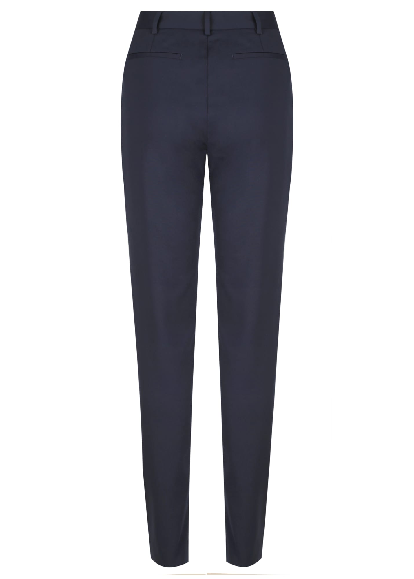 A pair of navy blue full-length pants with a tailored fit and back pockets, featuring a simple logo.