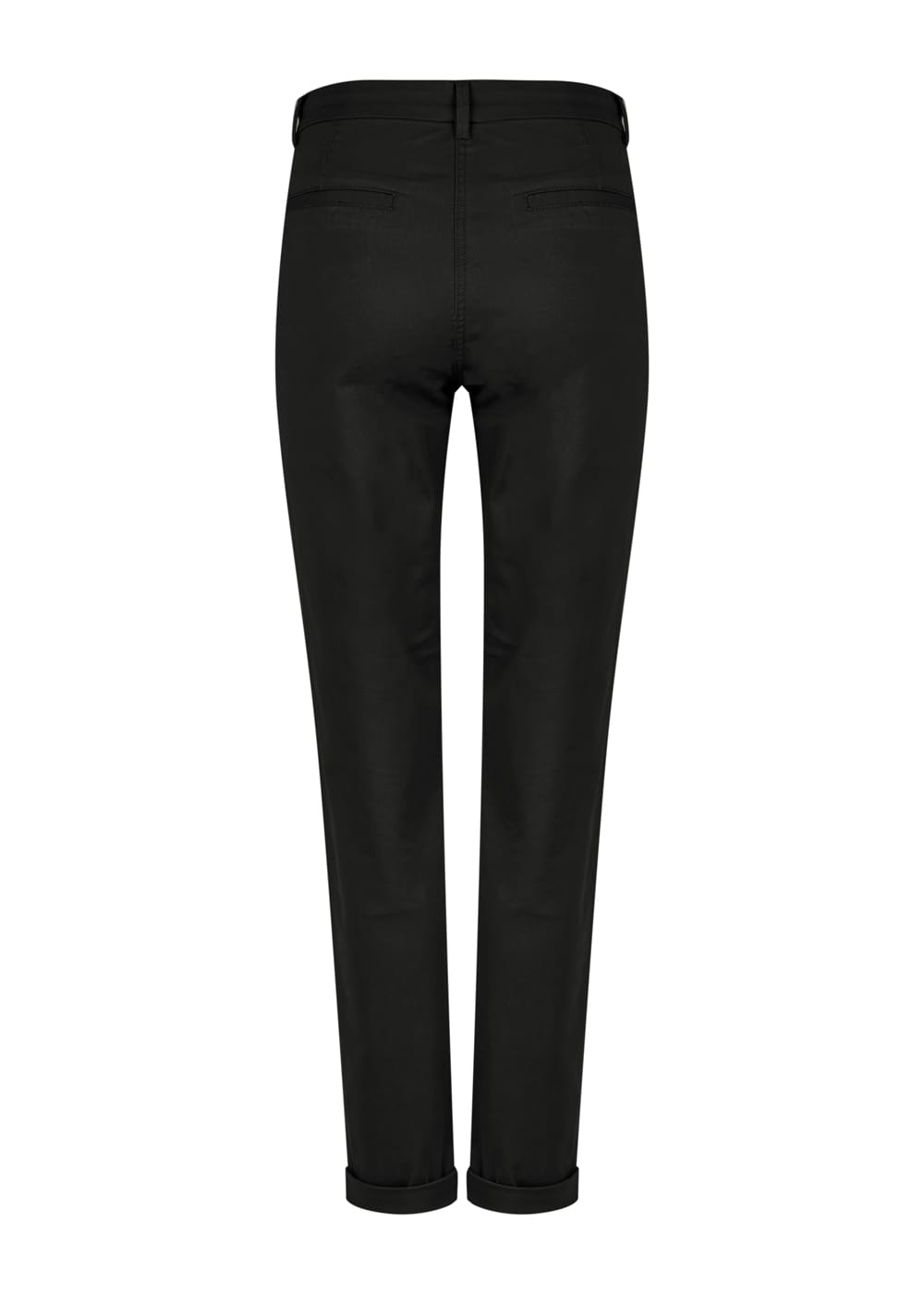 A pair of black chinos with a tapered fit and rolled cuffs, featuring back pockets and a branding logo.