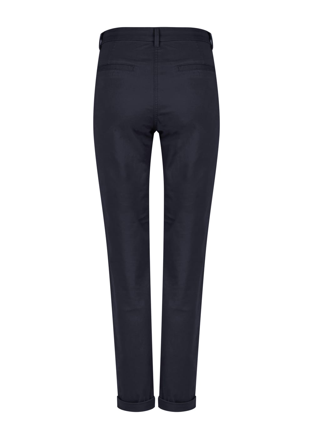A pair of navy blue chinos with a slim fit and rolled cuffs, featuring back pockets and a waistband with belt loops.