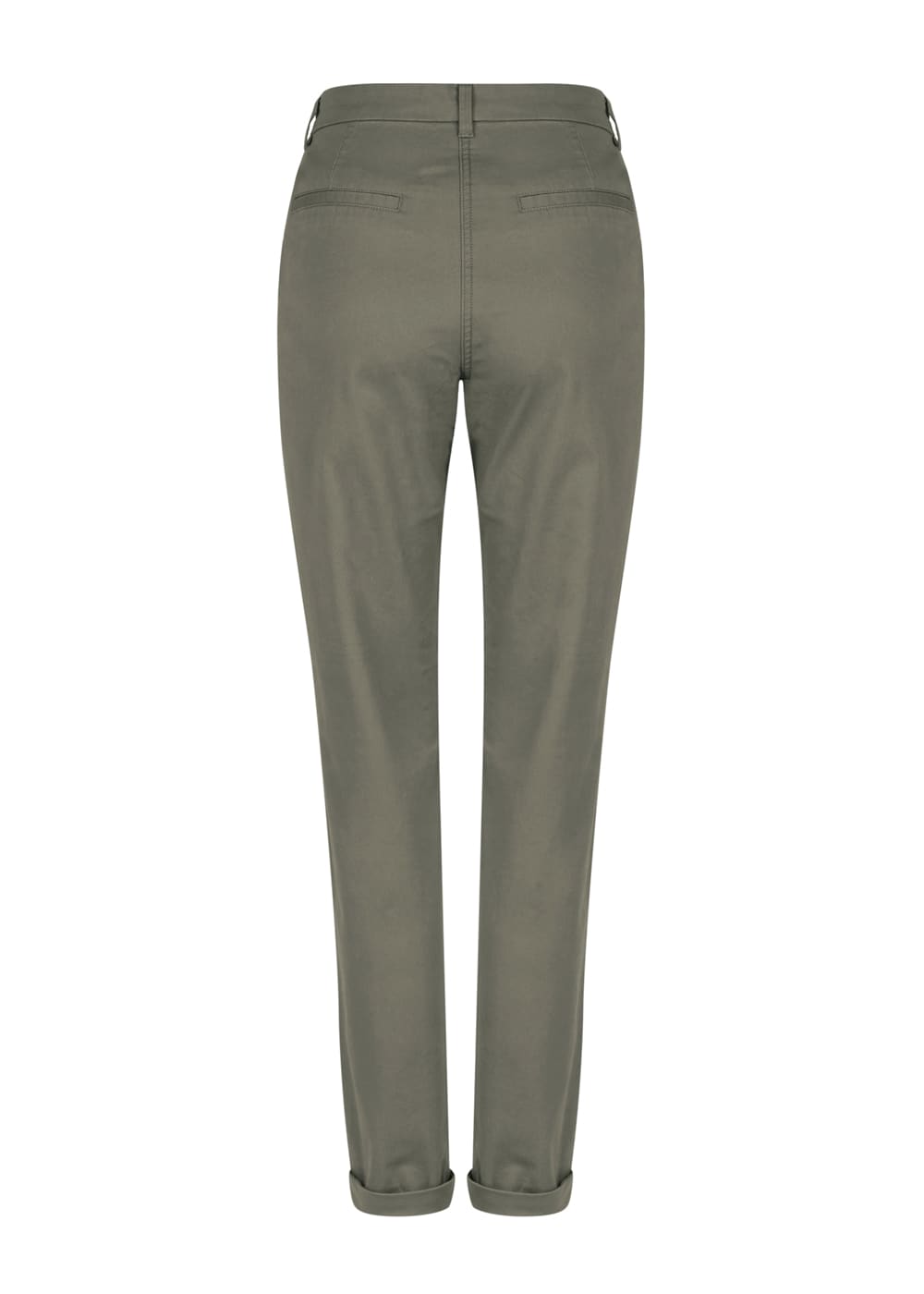 A pair of olive green chinos with a straight leg design and rolled cuffs, featuring a back pocket.