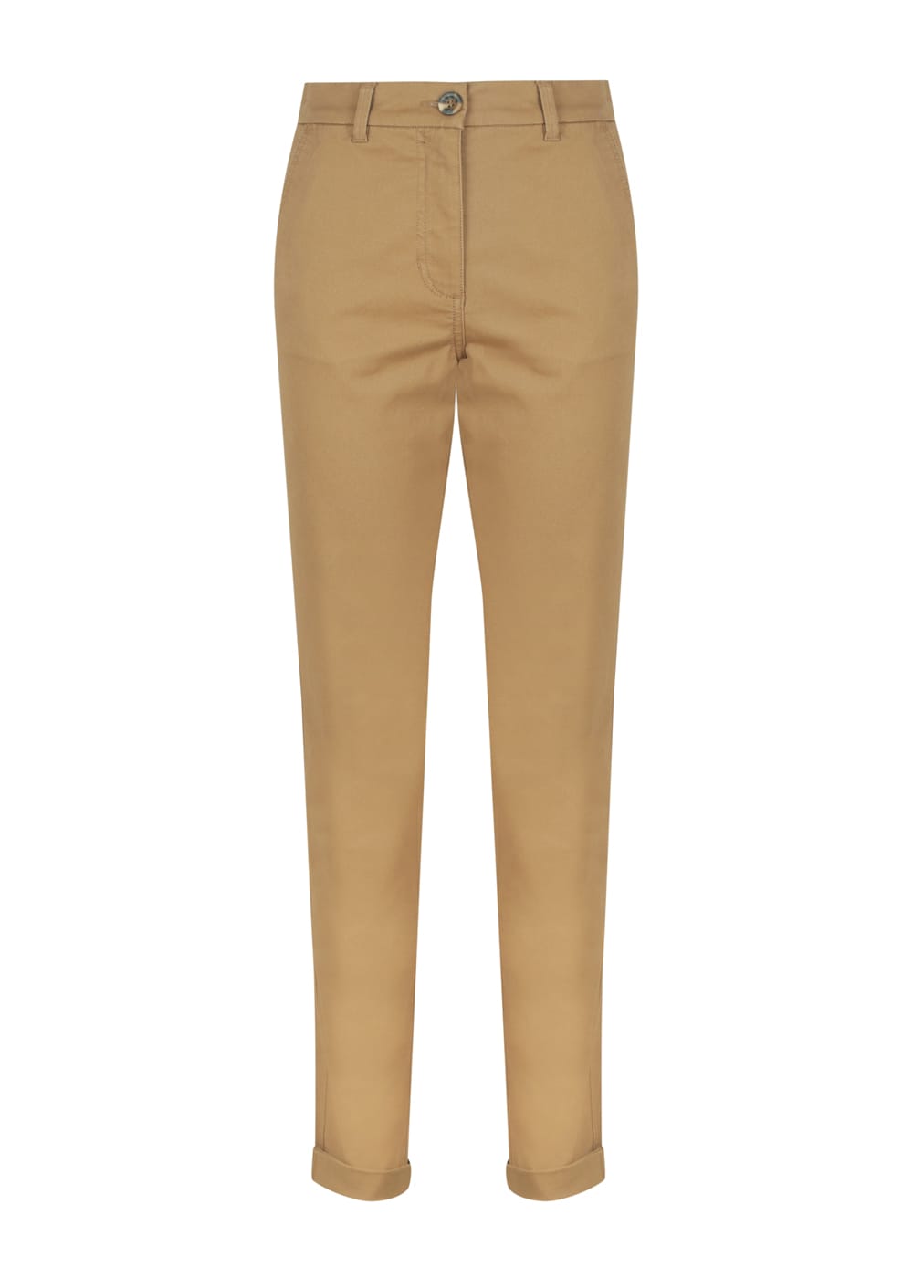 Tan chino trousers with a slim fit and rolled cuffs, featuring a button closure and a small logo on the waistband.