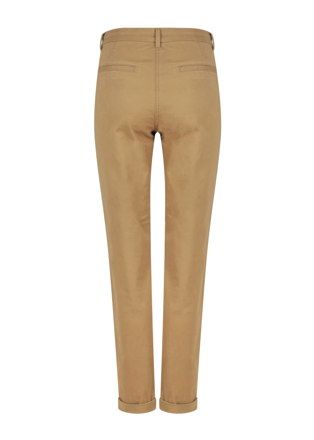 A pair of beige modern chinos with a tailored fit, featuring back pockets and cuffs.