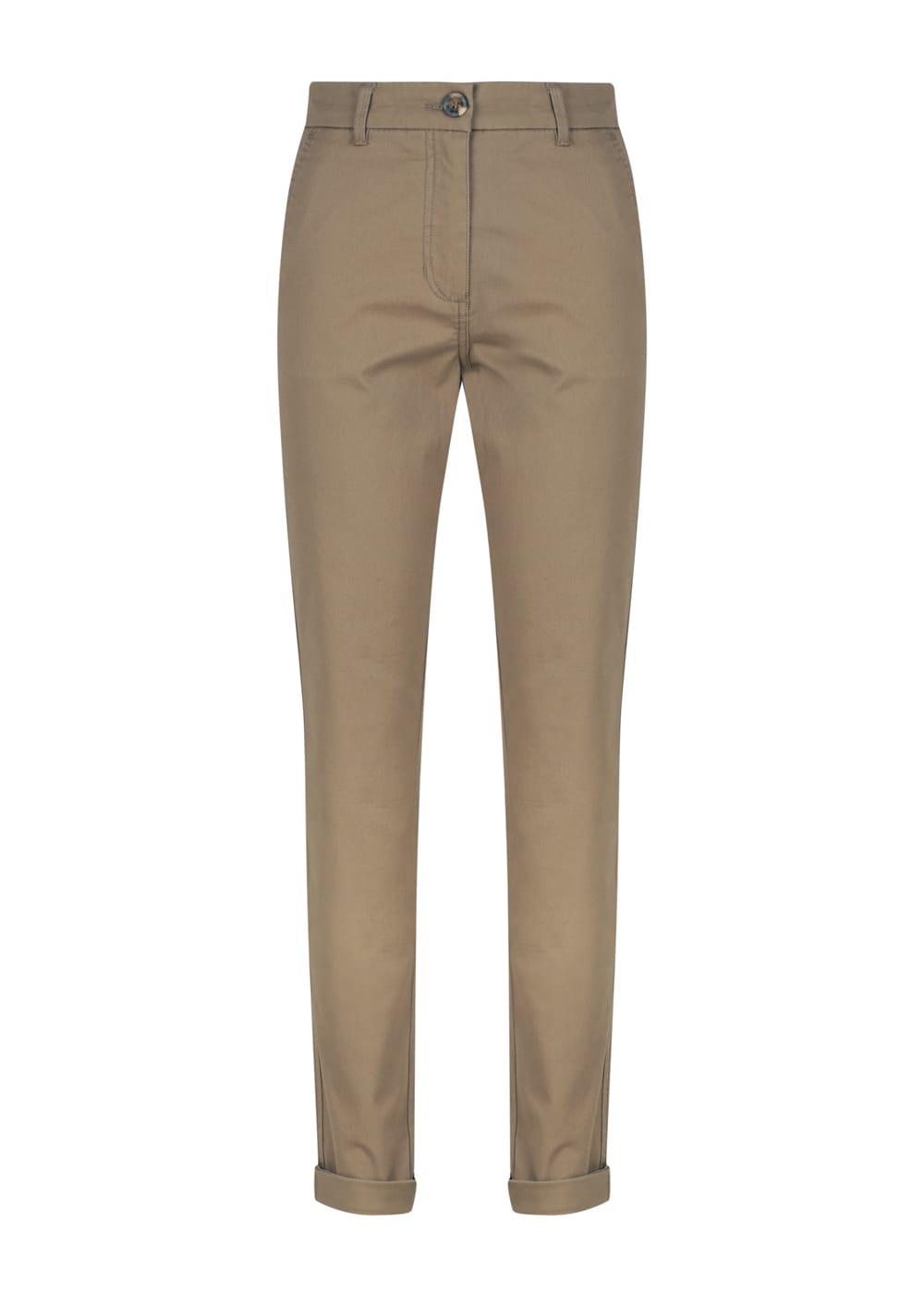 A pair of khaki chinos featuring a button closure and rolled cuffs. The trousers have a branded logo on the waistband.