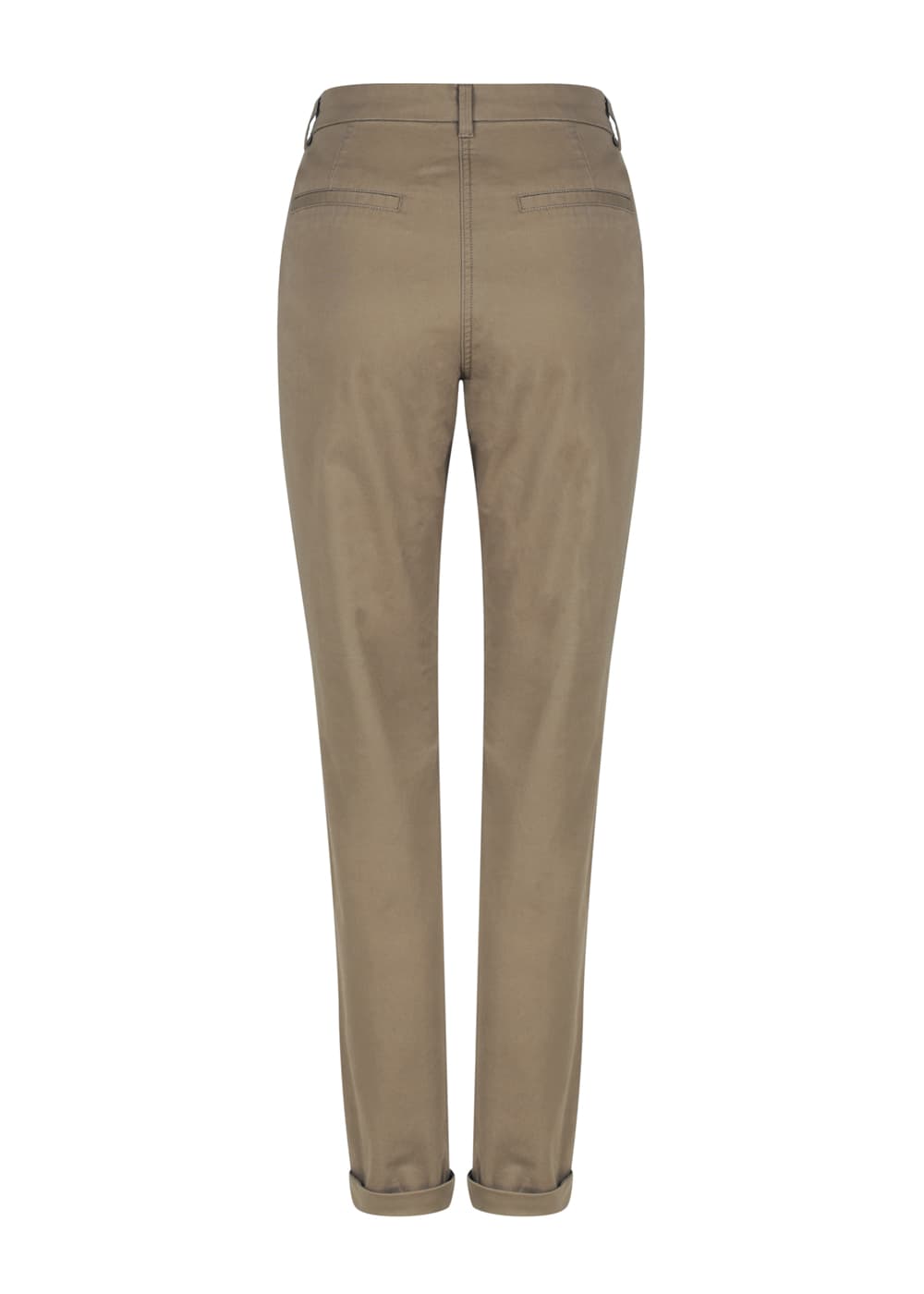 Khaki chinos with a slim fit, featuring back pockets and a logo on the waistband.