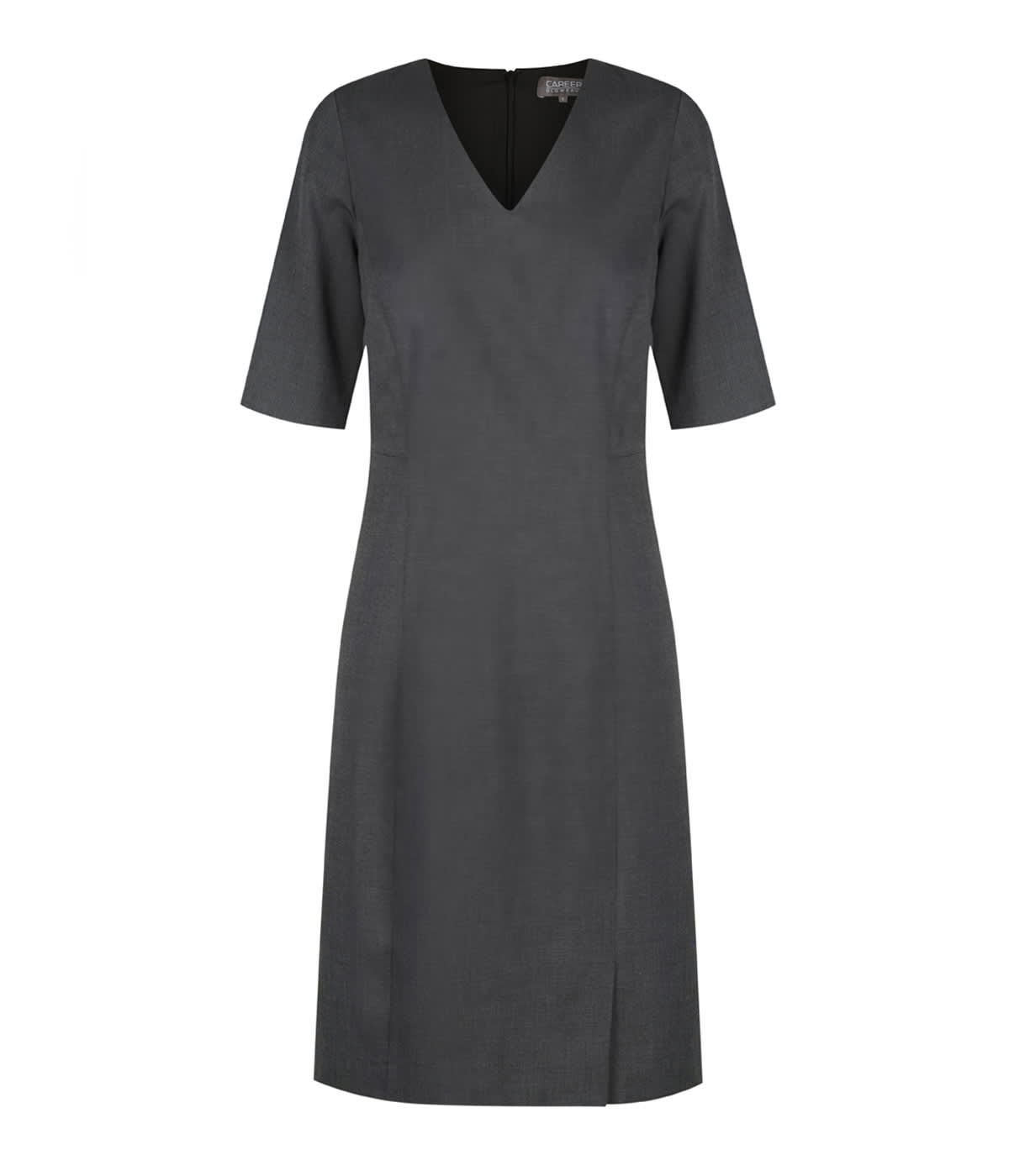A dark grey dress with a V-neck and short sleeves, featuring a subtle zip detail at the back.