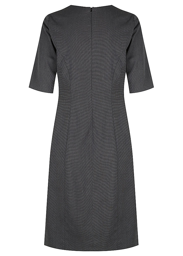A grey dress with a structured silhouette, featuring short sleeves and a zipper at the back. It has a branding logo.