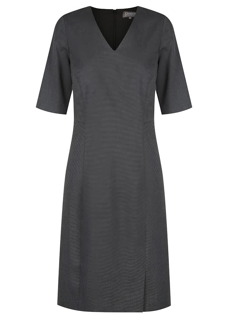 A dark grey dress with a V-neckline and short sleeves, featuring a zip closure at the back.