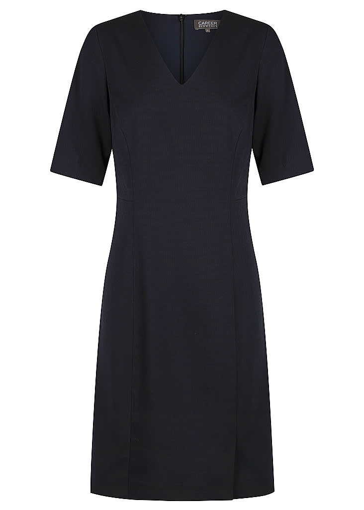 A black dress featuring a V-neckline and short sleeves, with a streamlined silhouette and a back zip.