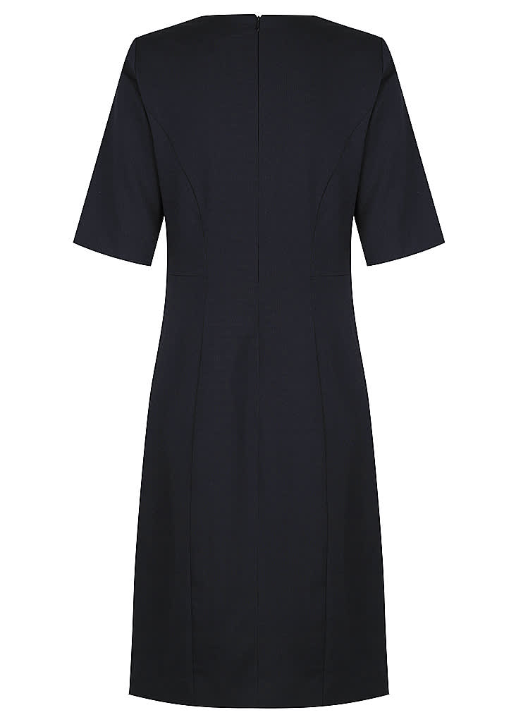 A black dress with short sleeves and a fitted silhouette, featuring a back zipper and a simple design.