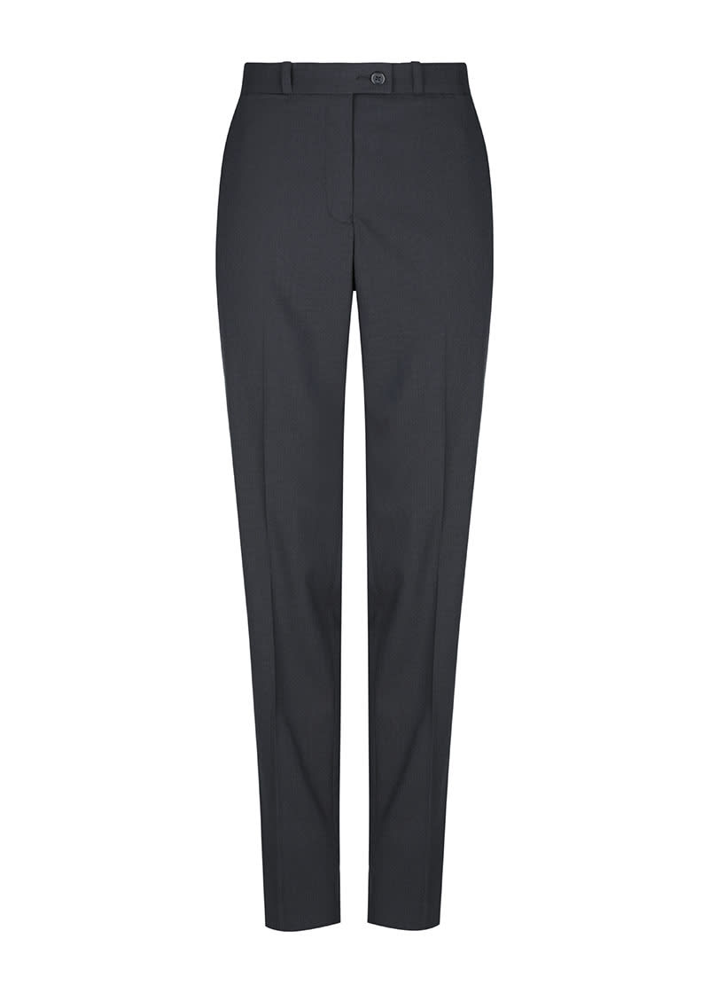 A pair of slim leg slacks in dark grey featuring a flat front and belt loops, with a logo on the waistband.