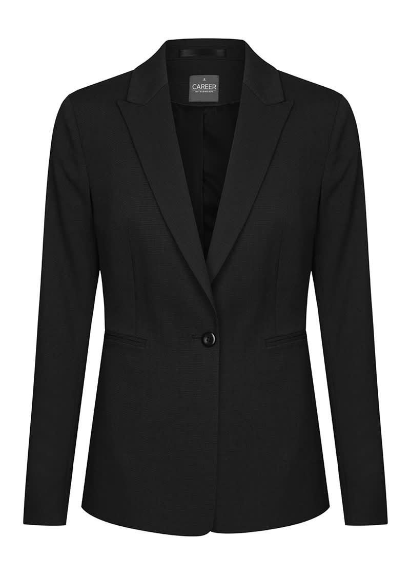 A black blazer featuring a single button closure and a classic lapel design, with a logo inside.