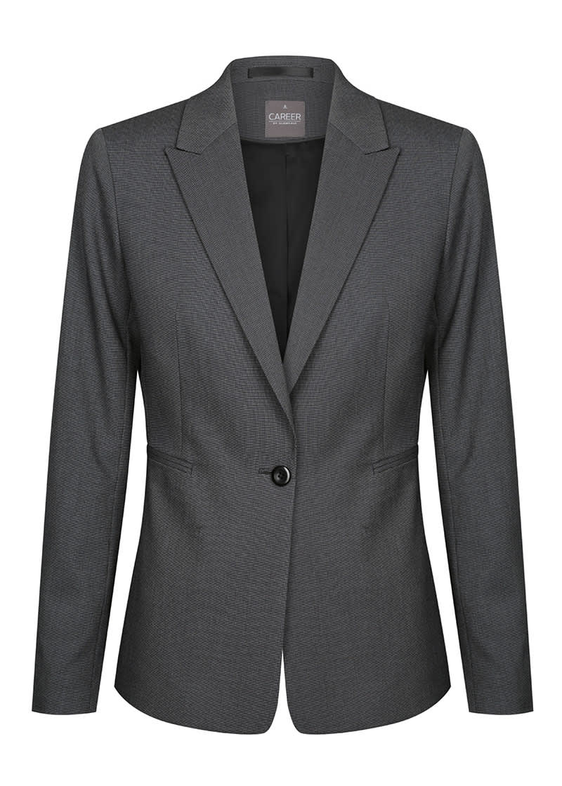 A grey blazer with a single button closure and a slim fit design. Features a logo on the inside label.