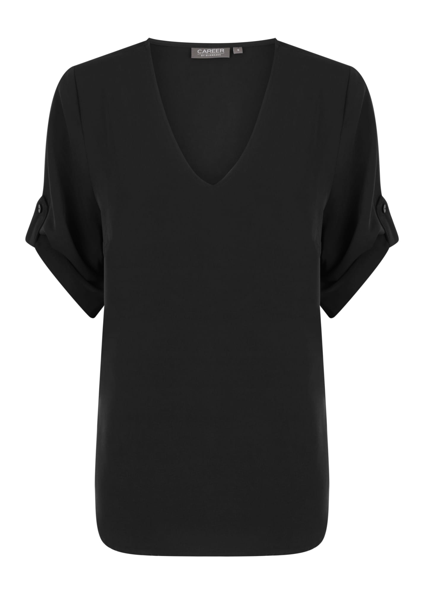 A black V-neck shirt with rolled sleeves and a subtle branding tag at the neckline.