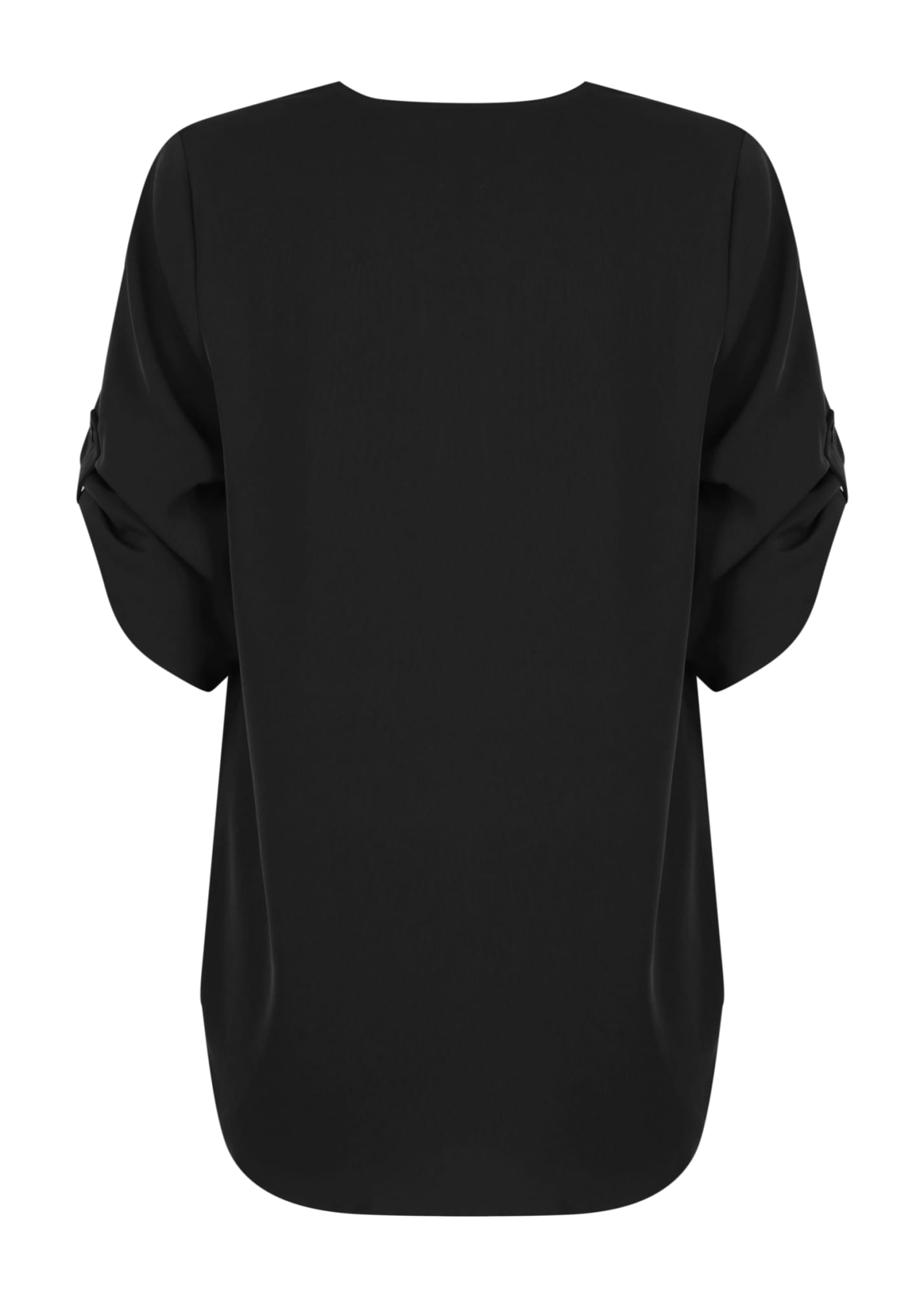 A black V-neck shirt featuring a loose fit and rolled-up sleeves, with a logo on the back.