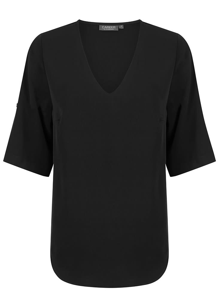 A black V-neck shirt with short sleeves and a rounded hem. It has a brand logo on one sleeve.
