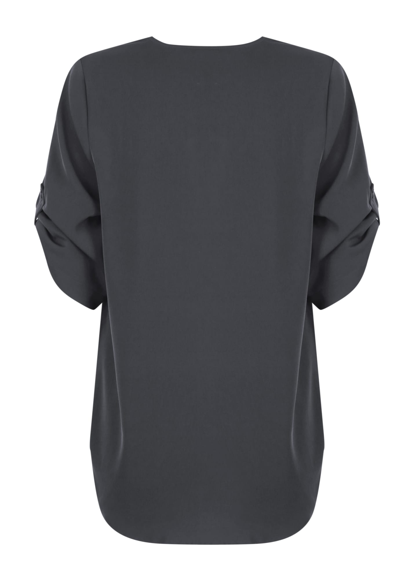 A dark grey V-neck shirt with rolled sleeves, featuring a relaxed fit and smooth fabric. It has a logo detail.