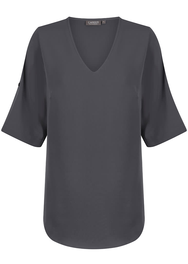 A dark grey V-neck shirt with short sleeves and a slight drape, featuring a brand logo at the neckline.