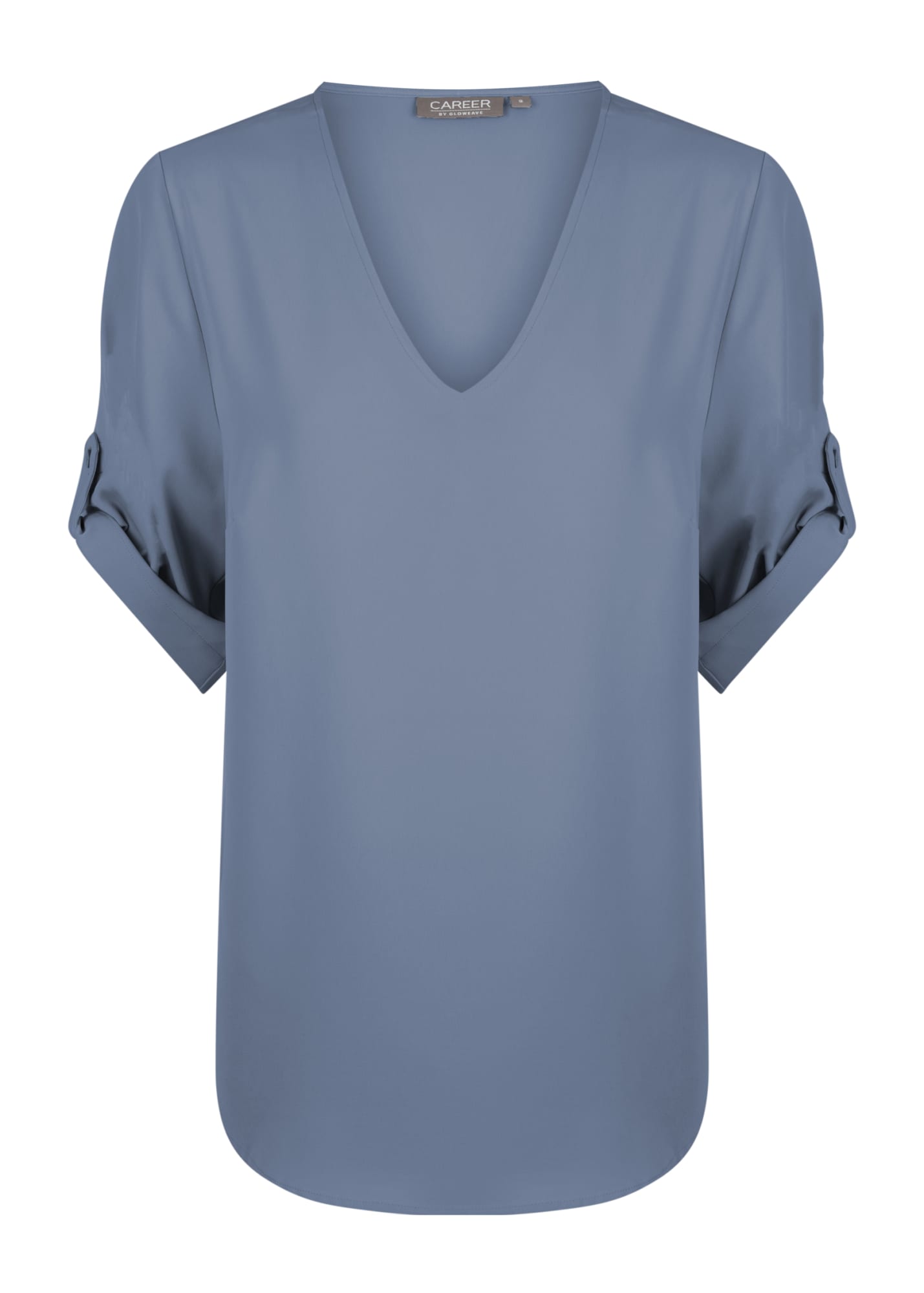A blue V-neck shirt featuring rolled sleeves and a branding label on the neckline.