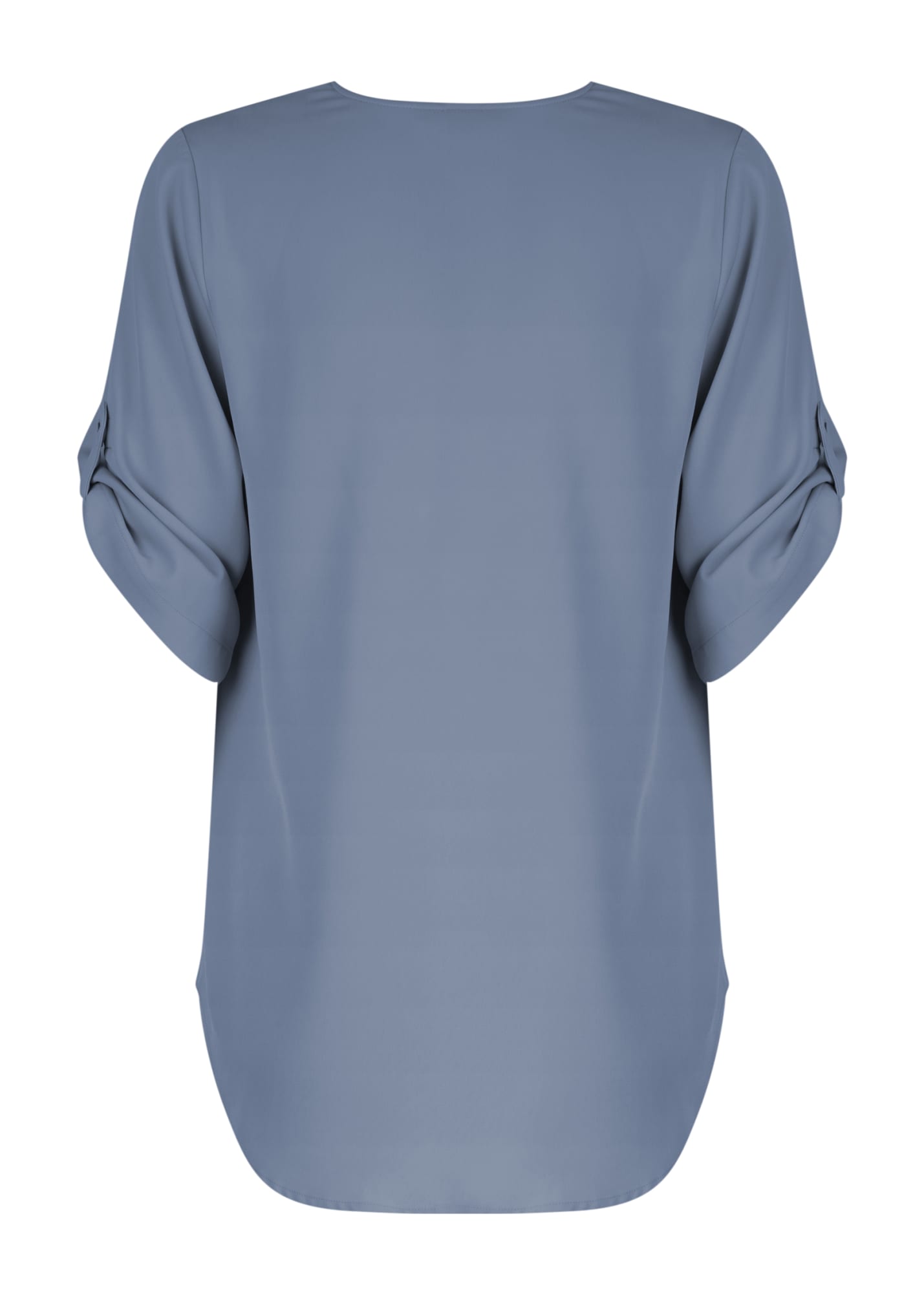 A blue V-neck shirt with rolled sleeves, featuring a smooth fabric and a relaxed fit. The back view is visible.