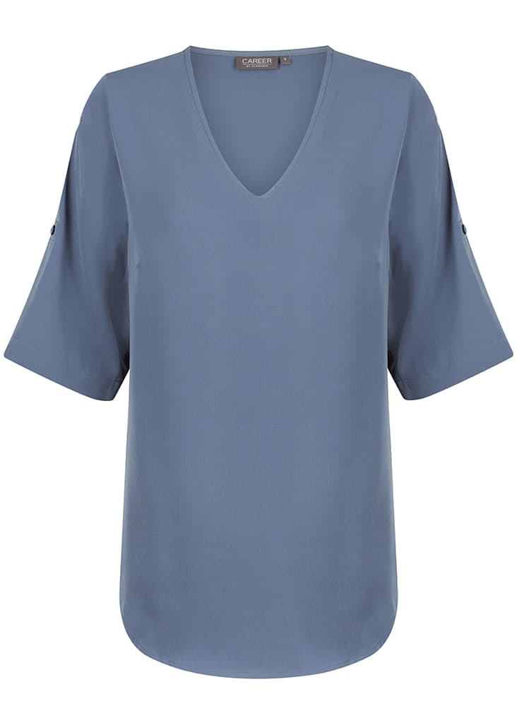 A blue v-neck shirt with short sleeves and decorative buttons on the sleeves, featuring a subtle brand logo.