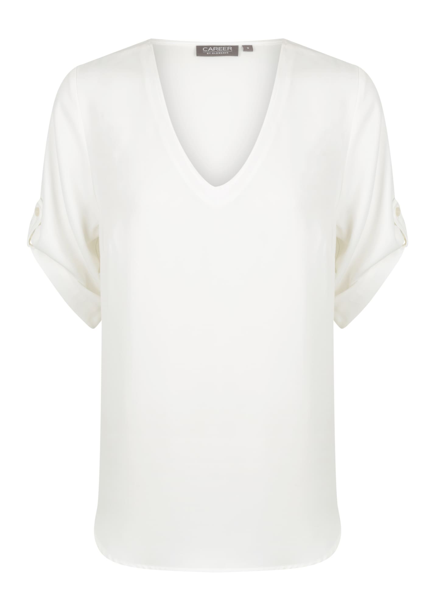 A white v-neck shirt with rolled sleeves and a subtle brand logo.