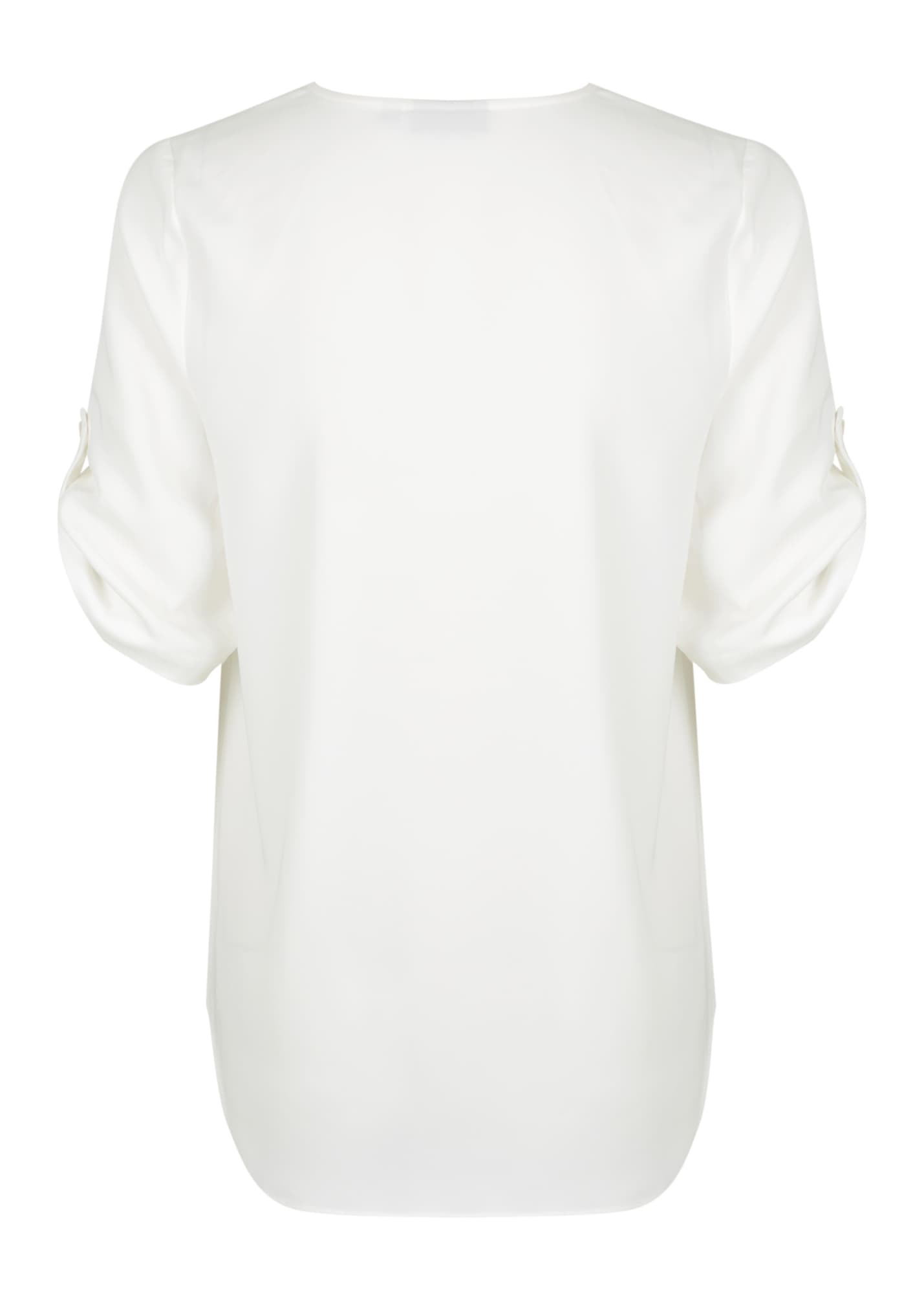 A white V-neck shirt with rolled sleeves and a smooth finish. It features a subtle logo on the back.